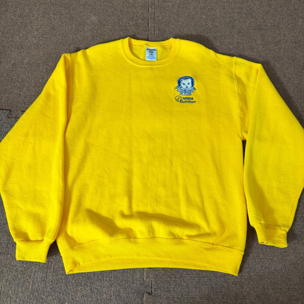 vtg Jerzees Nestle Nutrition 80 Years Anniversary Sweatshirt Yellow Mens Medium‎